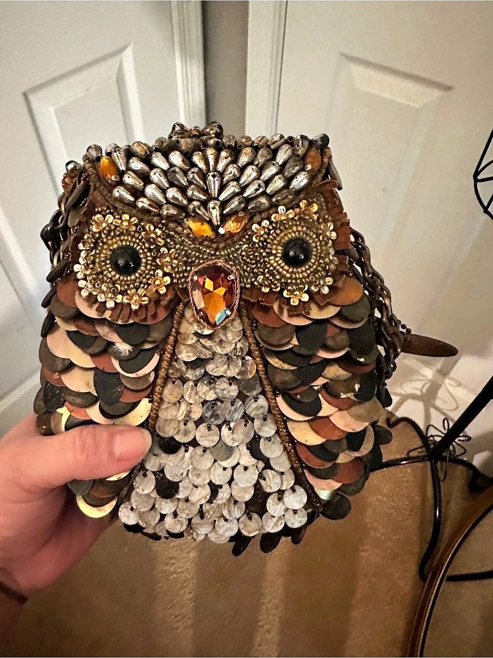 Mary Frances Night Owl Shoulder Bag in Brown & Silver